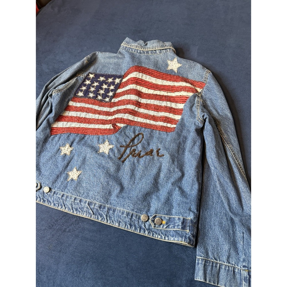 Chicos God Bless American Flag Denim Jacket Women’s M Blue 100% Silk Lining